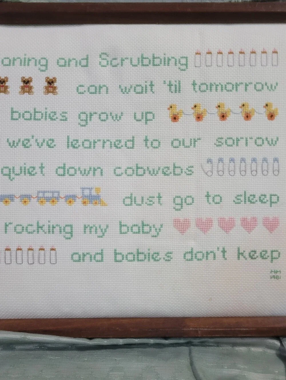 Vintage Framed Handmade Cross-Stitch Baby Lyrics Wall Art in Green and Pink